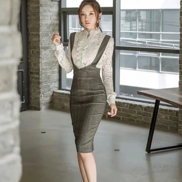 Overall skirt and lace blouse 2PCS SET white gray pencil skirt - Picture 2 of 4